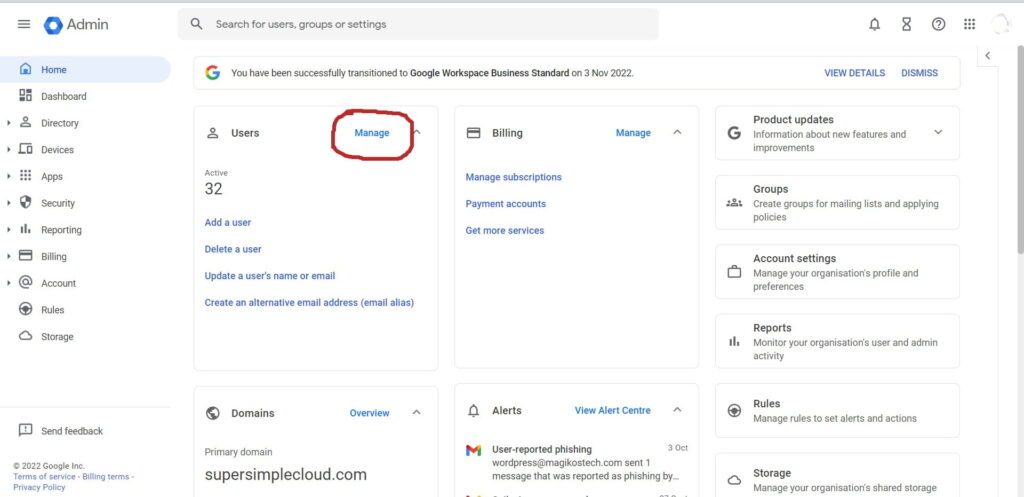 Google workspace admin console home page