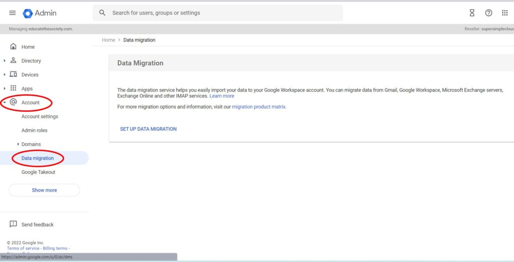 Account section in menu for Migrate Gmail To Google Workspace