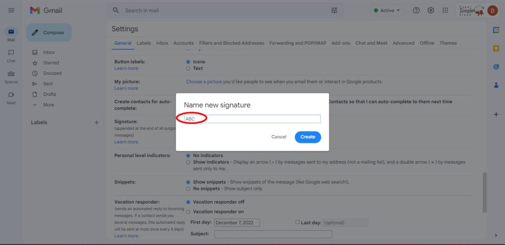click on name new signature to create Gmail signature
