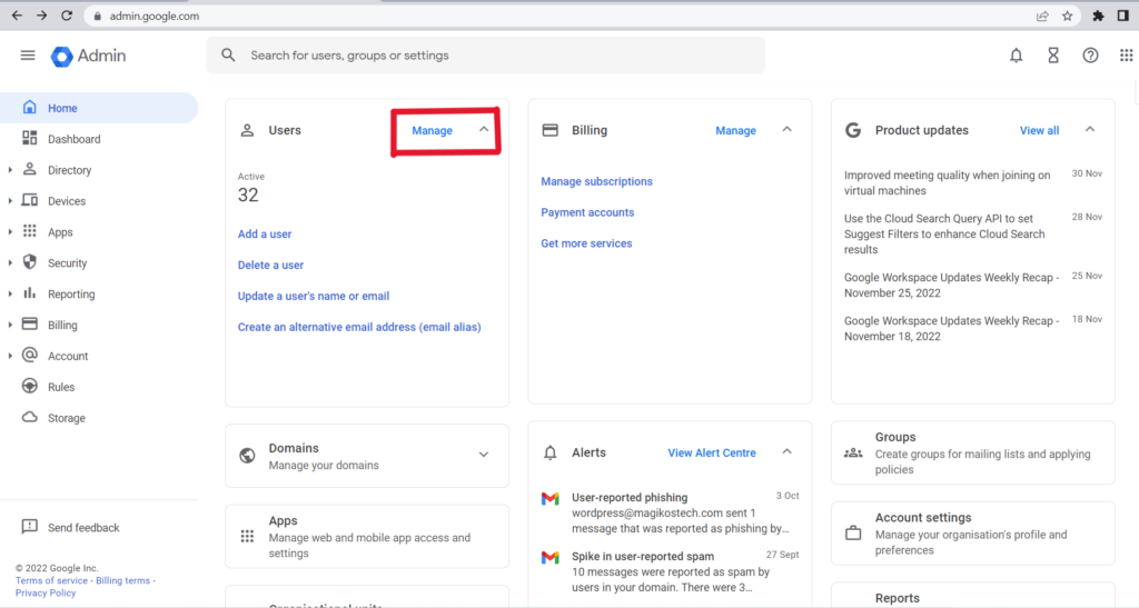 Google workspace admin console manage link