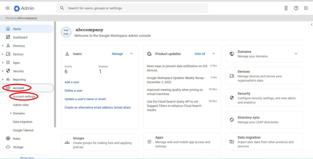 admin console - account setting