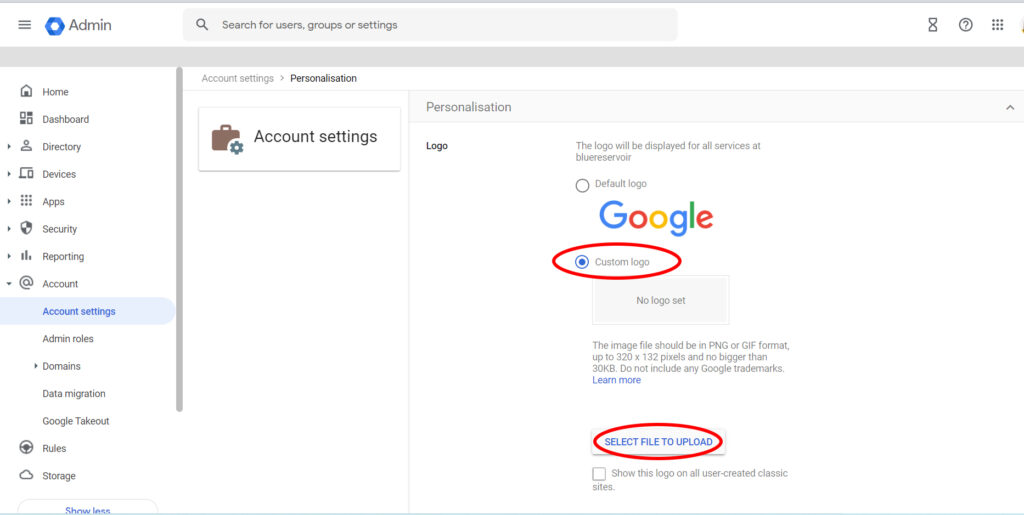 Select custom logo - than upload the file that you want to use as Gmail logo