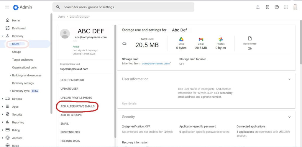 g suite admin console - add alternate emails