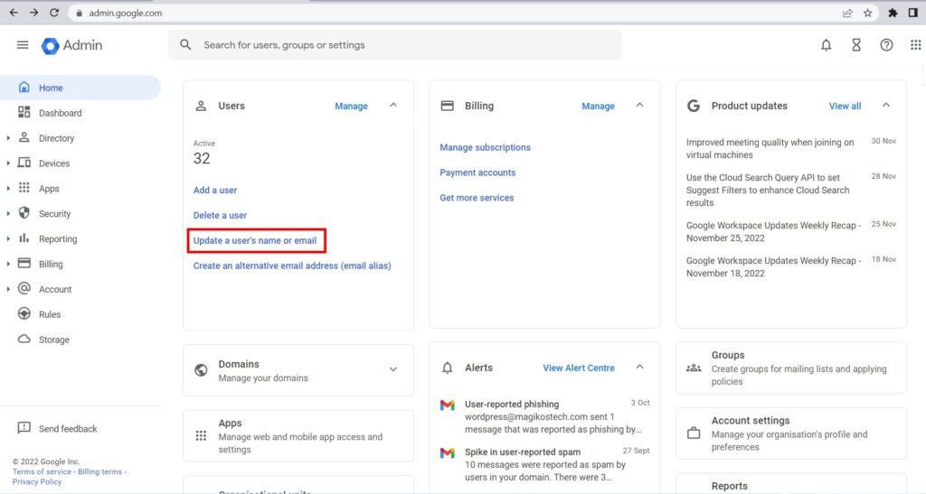 admin console - update users