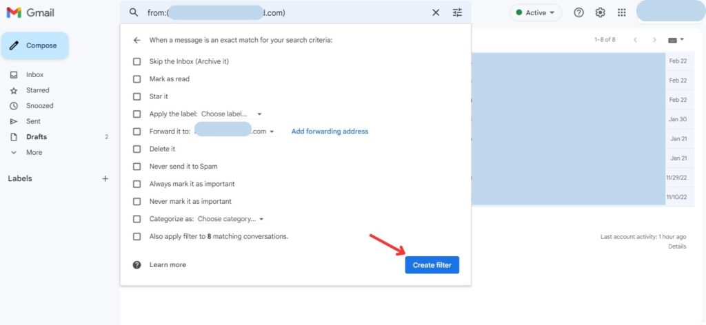 create filter button to create filter in Gmail