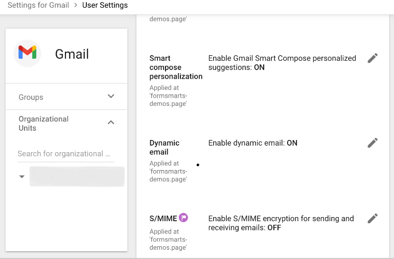 Gmail section - organization section
