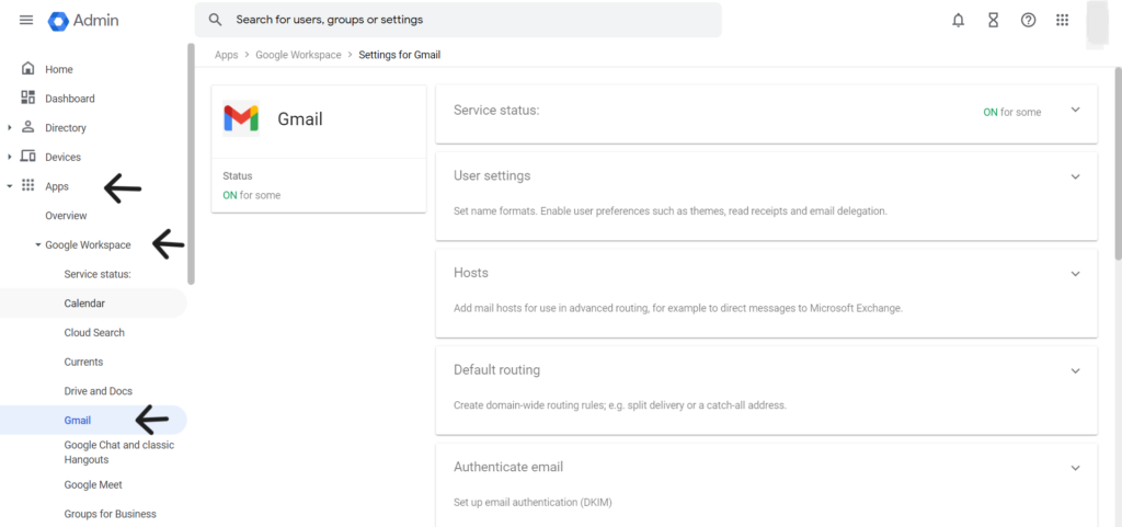 google workspace admin console - Gmail section